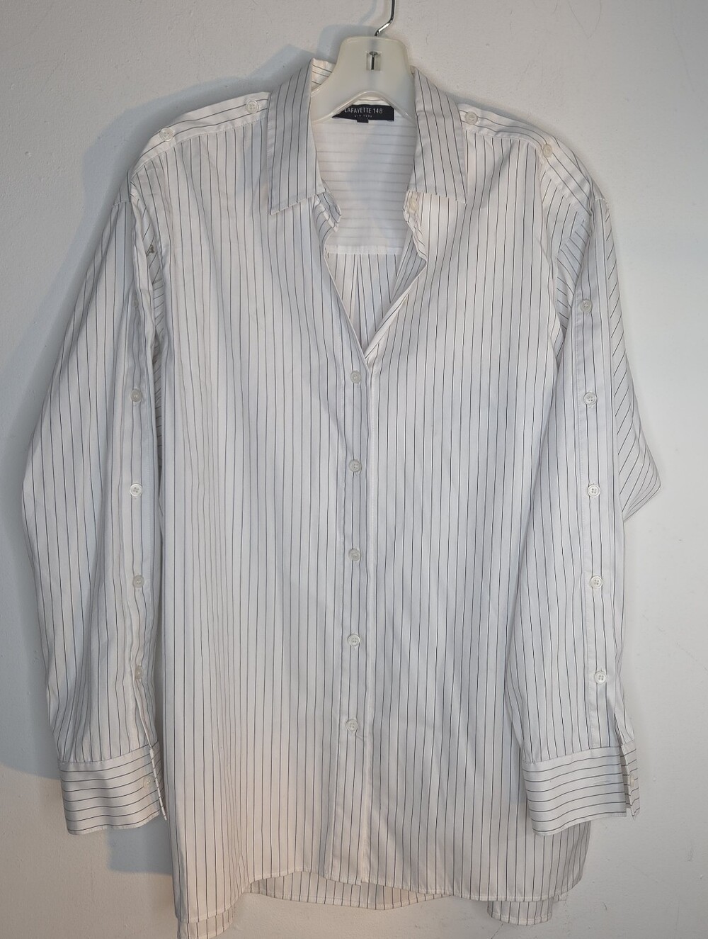 Lafayette 148 New York Shirt M White Black Pinstripe Stretch Button Up Work